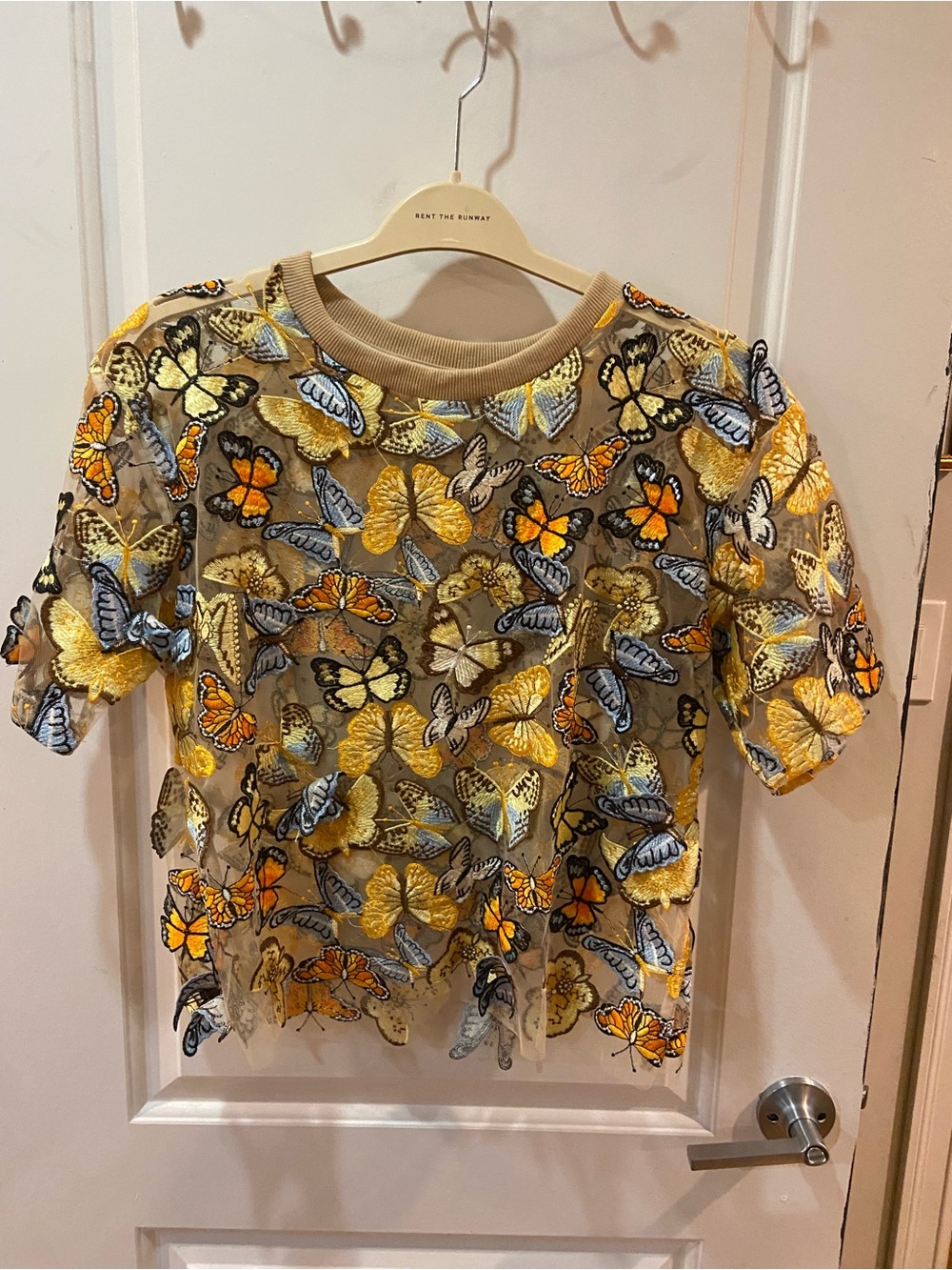 Anthropologie Dolan Sheer Butterfly Embroidered Short Sleeve Top